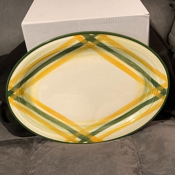 VTG 1950's Vernonware Gingham 12.5" Long Platter-Hand Painted Yellow/Green-EUC - Picture 6 of 9